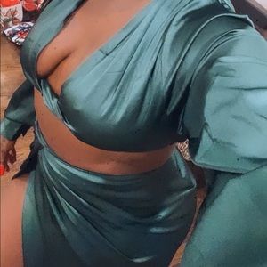 Green satin skirt set